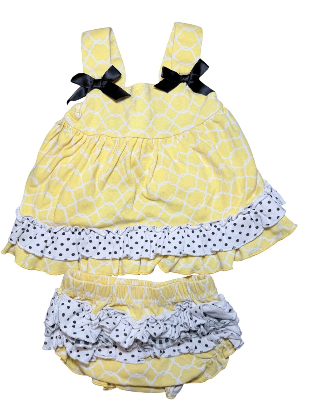Baby Essentials Yellow Ruffle Dress Bloomer Set Black Bows 6M